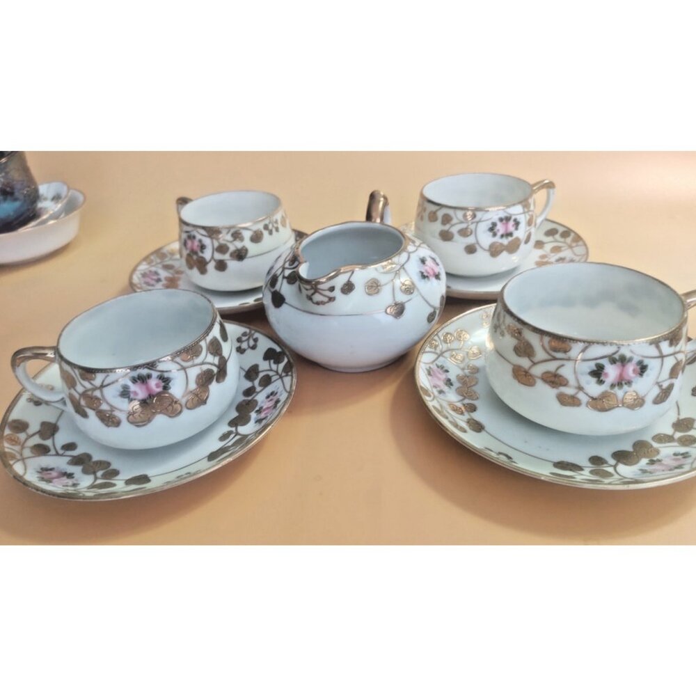Antique Japanese Hand Painted & Gold Gilt Cups & Saucer with Creamer 1920's